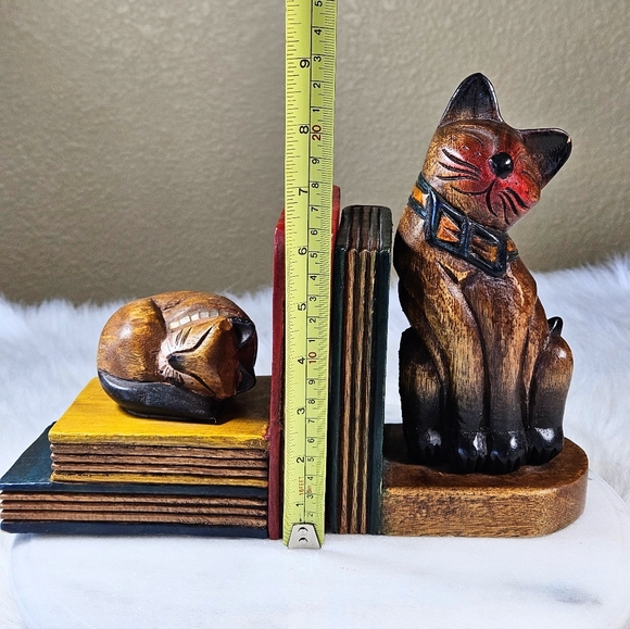 Vintage Hand Carved Heavy Wooden Cat Kitten Bookend Set From Thailand MCM - Picture 7 of 12